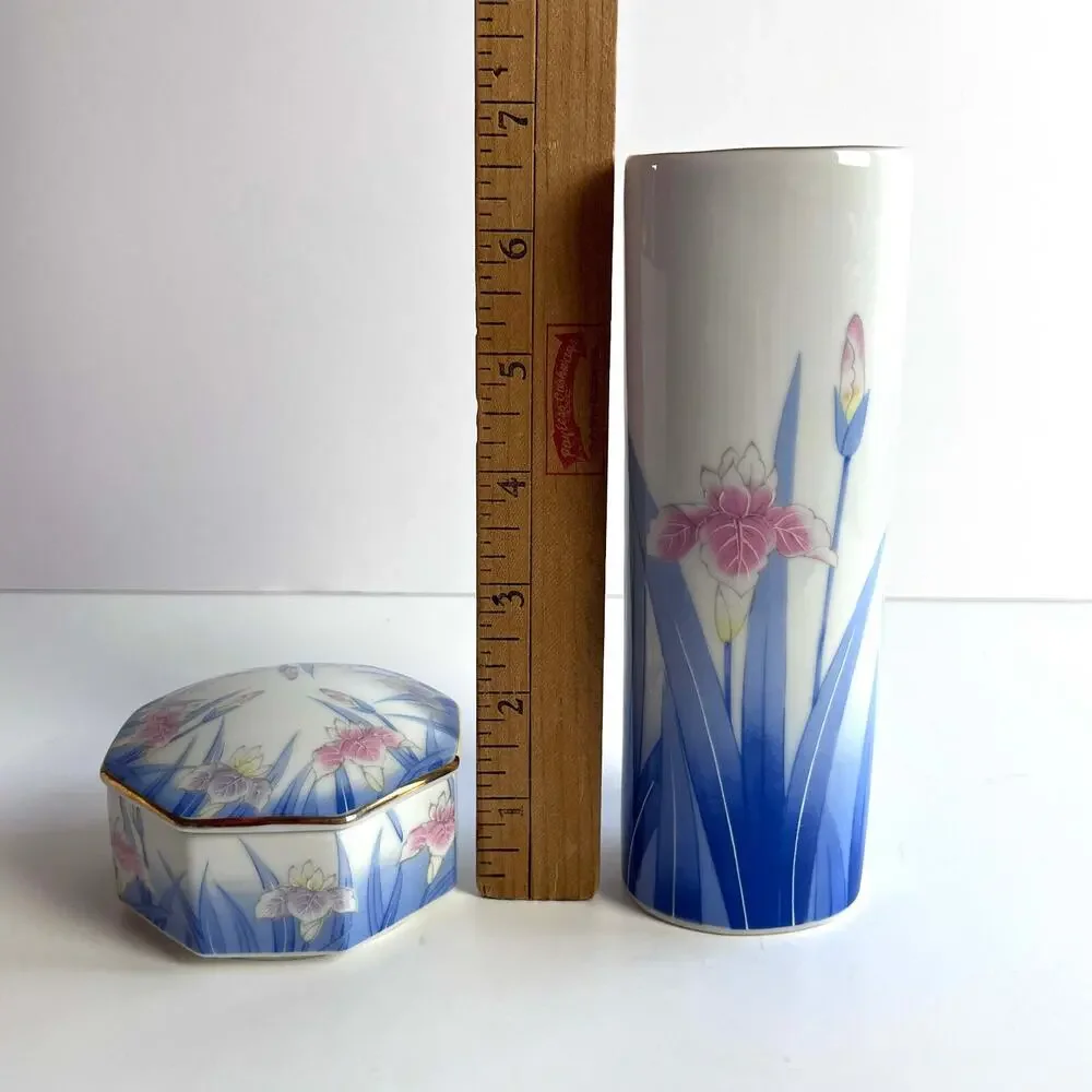 VTG Porcelain Ceramic Vase & Lidded Dish Kozan Gama Otagiri Japan Iris Floral